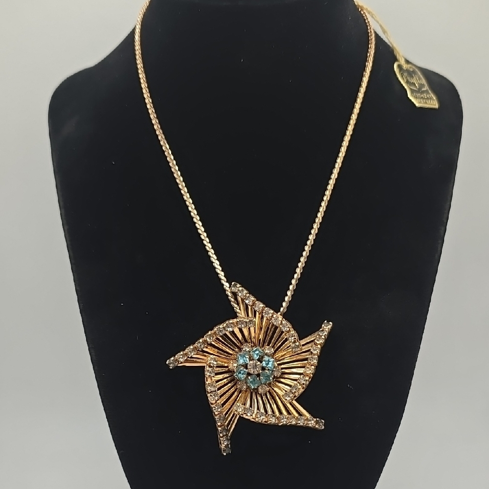 Vintage Art Deco Phyllis Gold Filled Blue And White Crystal Pendant Necklace